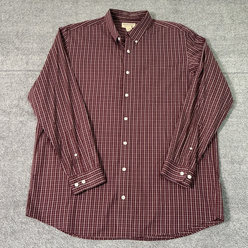 Duluth Trading Co Wrinklefighter Shirt Mens XL Tall Burgundy Plaid Button Down